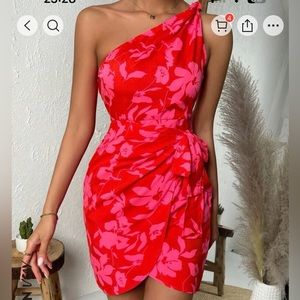 SHEIN Floral One shoulder knot side wrap Hem dress